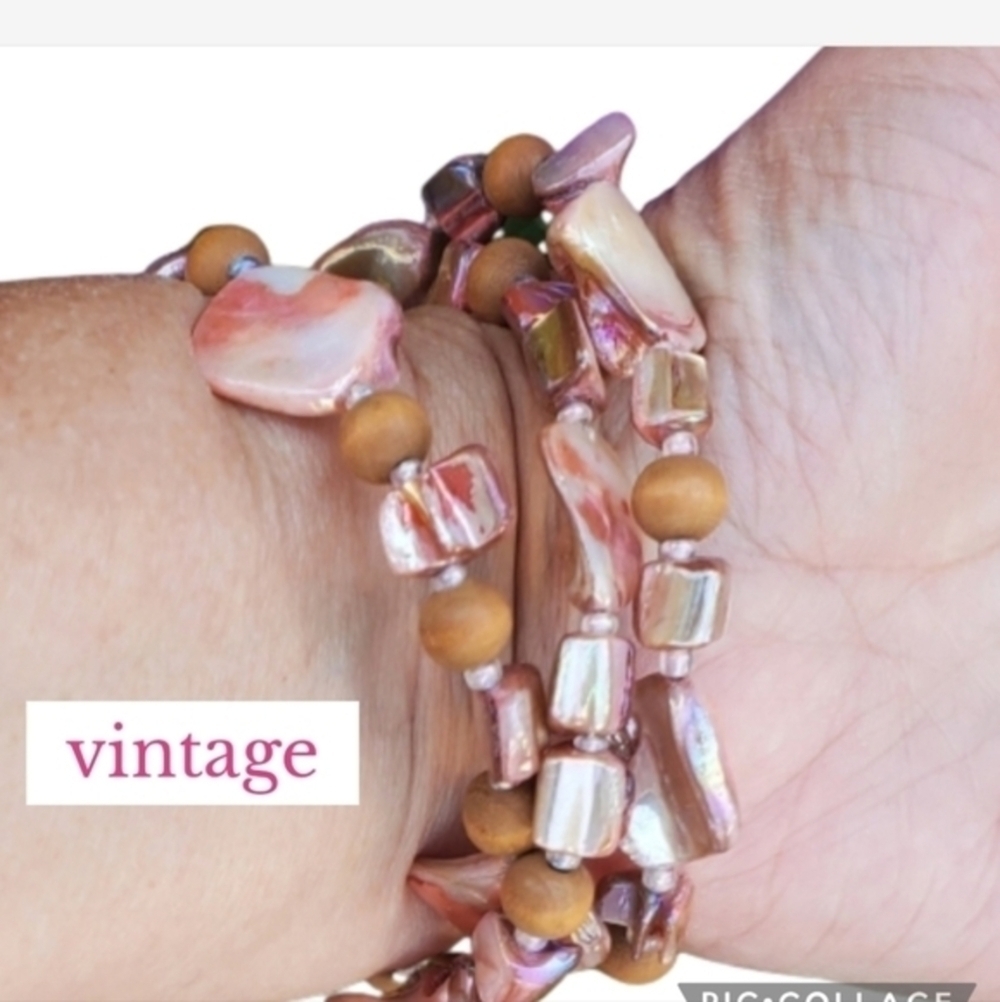 Vintage wire strung Pink glass & Abalone bracelet